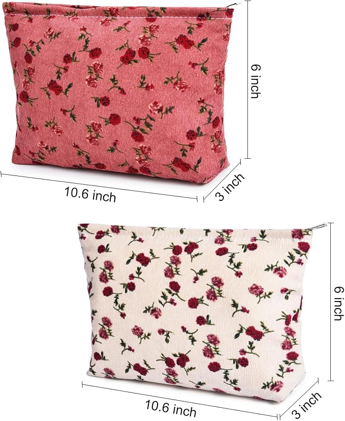SOIDRAM 2 Pieces Rose Makeup Bag Large Corduroy Cosmetic Bag Capacity Canvas Travel Toiletry Bag Organizer Cute Makeup Brushes Aesthetic Accessories Storage Bag for Women, Rose L White Pink - Image 3