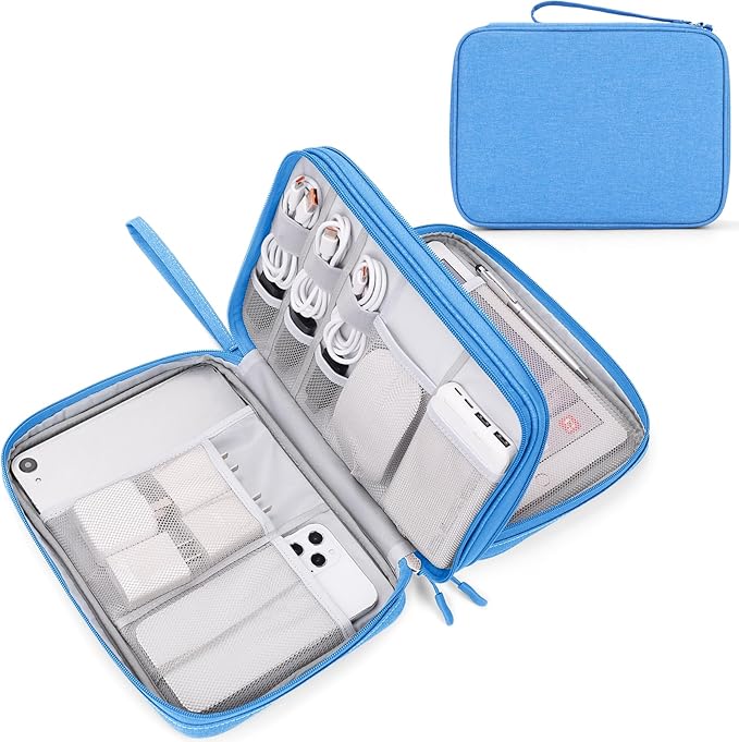 FYY Electronic Organizer, Travel Tech Pouch Bag, Extra Large, Cyan | Wrist Strap, Waterproof, Double Layers Electronics Travel Case for iPad, Cord, Laptop Charger, Daily and Business Trips Use by FYY