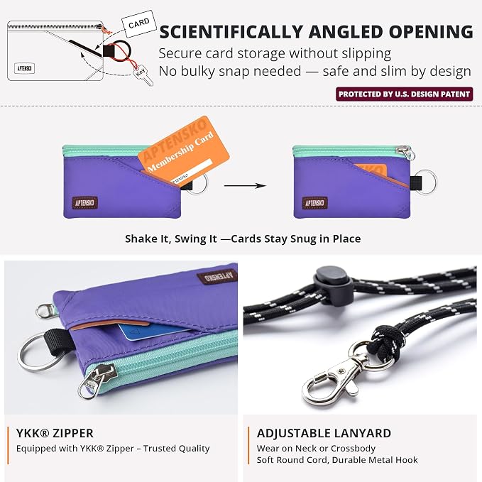 RFID Blocking Travel Wallet with Adjustable Lanyard, Small Nylon Zipper Pouch and Badge Holder for ID, Credit Cards, Cash, Keys, Commuters (Violet) - Image 5