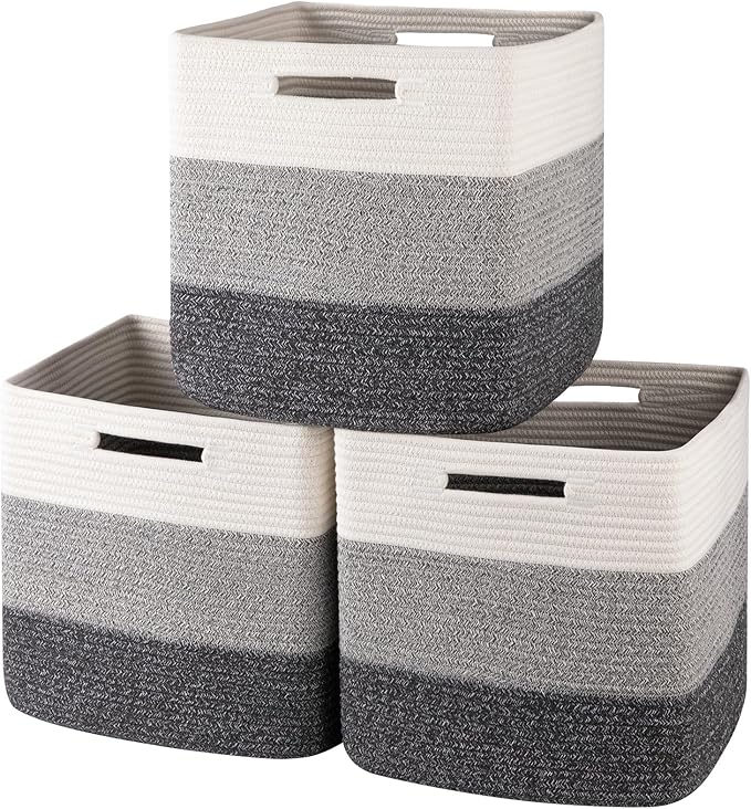 OIAHOMY 13 Inch Cube Storage Bins, 3-Pack Cotton Rope Woven Baskets for Organizing, Insert Storage Baskets for Shelves, Baby Nursery, Closet Organizer, 13 * 13 * 12.6IN, Gradient Gray by MasterofSpaceOptimization