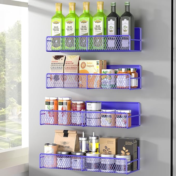 DTUQYX Magnetic Spice Rack for Refrigerator, 4 Pack 100% Metal Strong Magnet Fridge Shelves, Space Saving Spice Organizer, No Drilling Home Kitchen Laundry Room Storage Organization, Purple Blue by DTUQYX