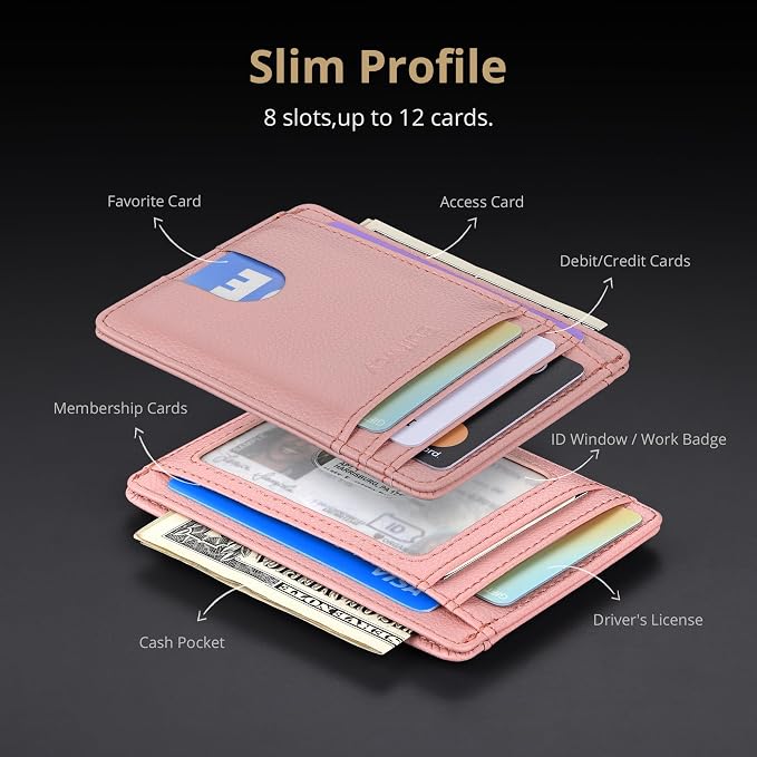 Buffway Slim Minimalist Front Pocket RFID Blocking Leather Wallets for Men and Women - Lichee Pink - Image 4