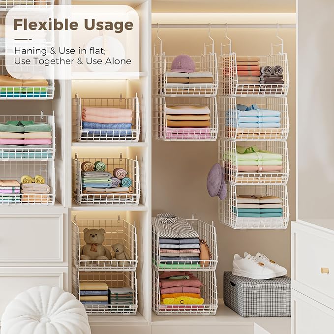 4" Extra Deeper Foldable Hanging Closet Organizer, Small Wire Cabinet Shelves and Storage with 5 S Hooks,4 Tier Metal Basket Bins for Clothes Sweaters Handbags, Wardrobe for Kitchen Laundry Room，White - Image 5