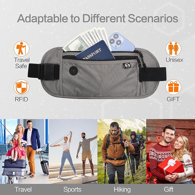 TRAVELSAFE Slim RFID Blocking Money Belt for Travel - Anti-Theft Hidden Passport Holder Waist Wallet with Secure Pouch for Cash, Credit Cards & Phone Safe (B-Grey) - Image 4