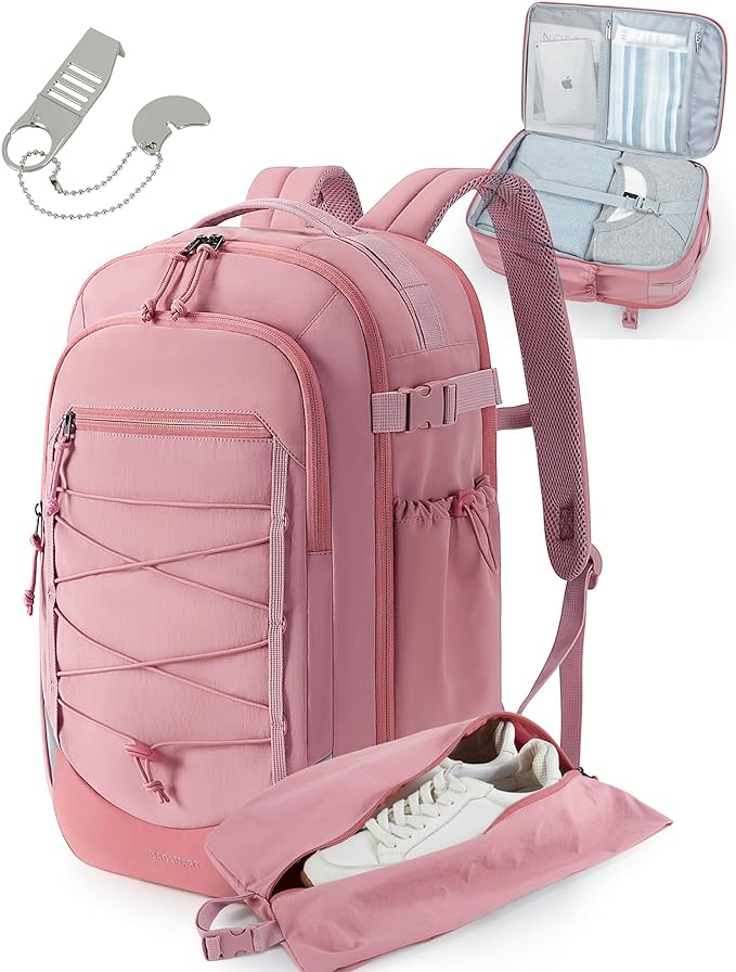 BAGSMART Carry On Backpack, 17.3 Inch Large Travel backpack Carry On Flight Approved, Personal Item Backpack Travel Bag With Shoe Bag, 27L Water Resistant Casual Daypack, Pink by BAGSMART