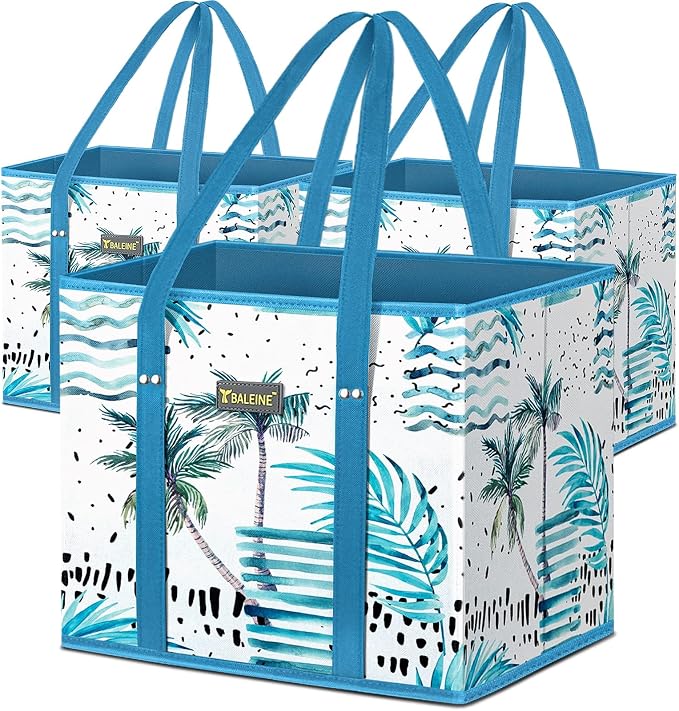 BALEINE 3PK Reusable Grocery Bags, Heavy Duty Shopping Tote Bag | 12'' Long Handles, Reinforced Bottom Keeps Upright, Fold Flat Storage, Water-Resistant Shopping Bag, Multiple Color Options by BALEINE