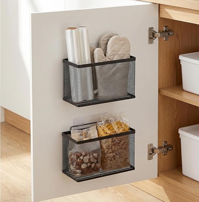 Adhesive Cabinet Door Organizer, 2 Pack Metal Baskets for Kitchen | No-Drill Wall Mounted, Holds Up to 8.8 lbs, for Pantry, Under Sink, Laundry Room & Bathroom Space Saving Storage Caddy by Unknown