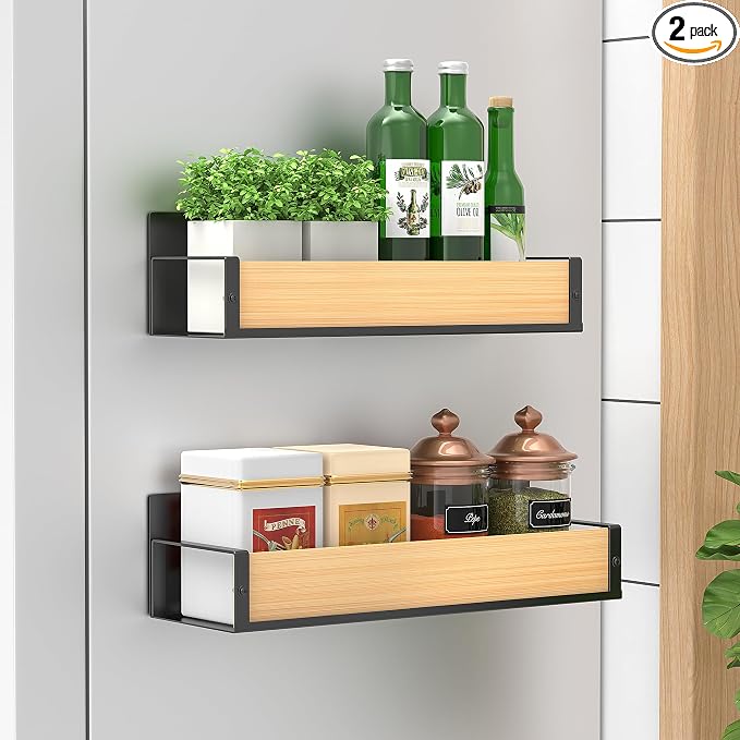 HuggieGems Metal Magnetic Spice Rack for Refrigerator Wood, 2 Pack | Magnetic Shelves Heavy Duty for Fridge in Kitchen, Seasoning Storage Organizer, For Oven Washer and Dryer, For Heavier Items by HuggieGems