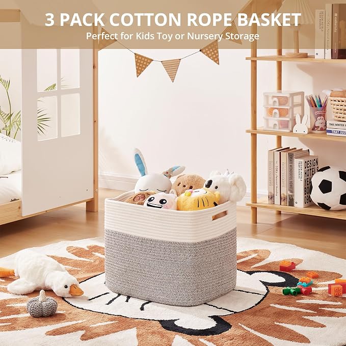 OIAHOMY Cotton Rope Woven Baskets for Organizing 3-Pack 13x15x12.6IN Closet Storage Bins for Clothes Rectangular Storage Baskets for Kids Toy Bins, Living Room Baby Nursery - White & Grey - Image 4