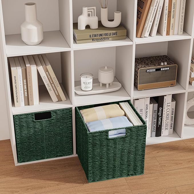 Wicker Storage Basket, Set of 2 Hand-Woven Paper Rope Wicker Basket, Foldable Cube Storage Bins, 9 inch Square Storage Baskets for Organizing Shelves & Decor, Green (9″×9″×9″) - Image 3