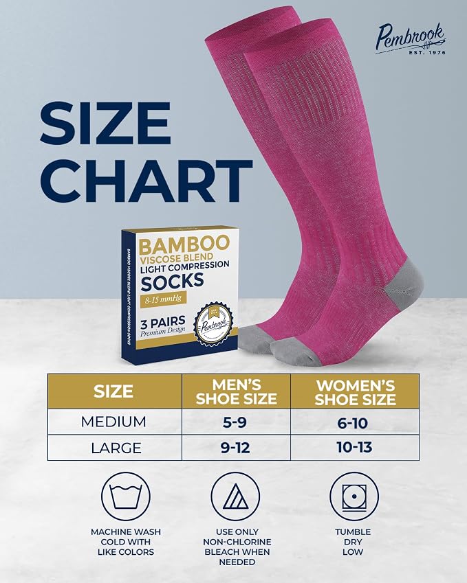 Pembrook® Bamboo Viscose Light Compression Socks - 3 Pairs | 8-15 mmhg Compression Socks | Knee High Comfort Support Socks - Image 6