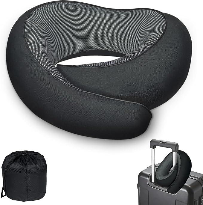 Airplane Travel Neck Pillow with Hood – Memory Foam Neck Support Pillow with Light Blocking Cover for Sleeping on Flights, Ergonomic Travel Pillow for Plane, Car & Office by Unknown