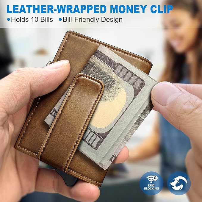 Wallet for Men, Slim Pop Up Card Holder with RFID Blocking, Minimalist Bifold Wallet with 10 Card Slots, 2 ID Window and Money Clip, Metal Flip Case with Magnetic Closure, Gift Box - Image 5