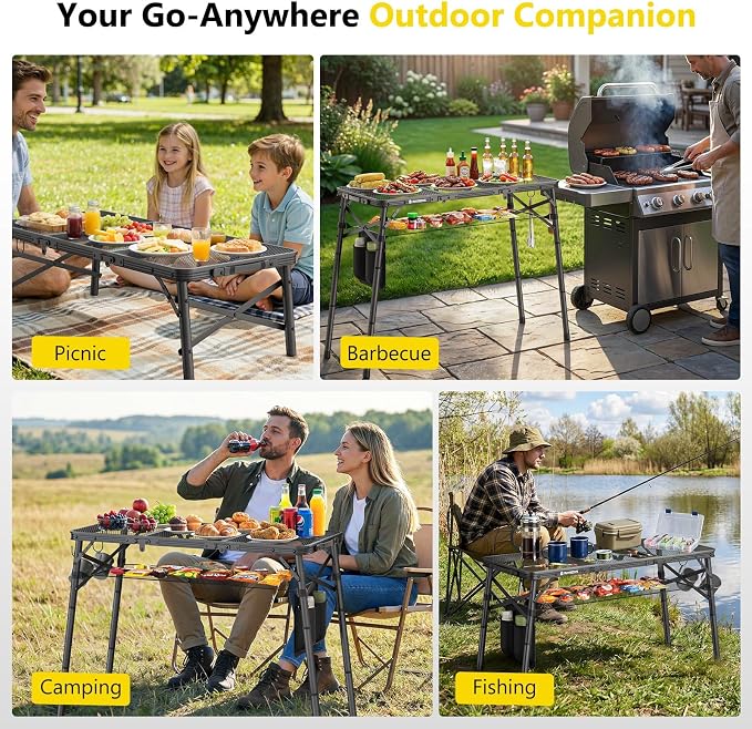 Raynesys Portable Folding Grill Table for Outside for Picnic, Camping | 3 Height Adjustable Small Camping Table with Mesh Bag, Metal Aluminum Folding Table, 35.43x15.75 inches, Black - Image 8