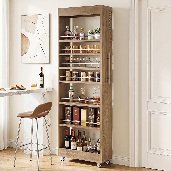 Tribesigns 73" Tall Slim Storage Cart on Rubber Wheels, 7-Tier Narrow Pantry Cabinet, Rolling Skinny Spice Rack Organizer Next to Fridge, Wooden Pull-Out Storage Shelf for Kitchen Small Spaces, Brown - Image 4