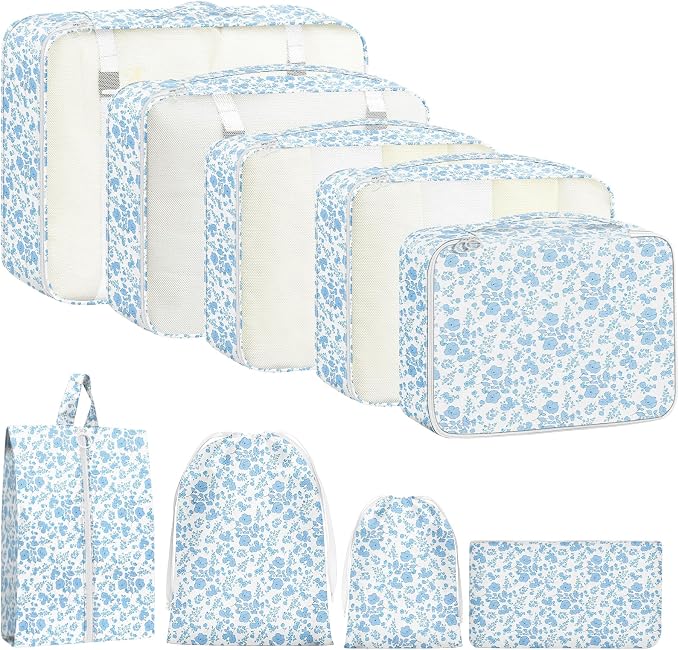 9 Set Packing Cubes for Travel Essentials - Lightweight Carry-On Luggage Organizer Bags with Shoe, Clothes & Laundry Bags for Airplane, Family & Business Travel, Blue flowers by Unknown