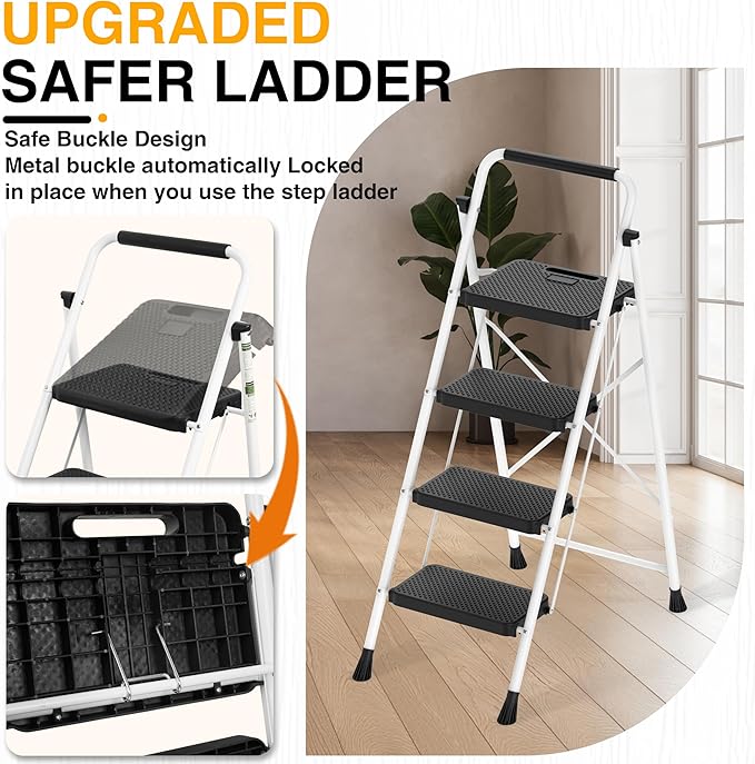Arbusb Step Ladder, Folding Step Stool with Wide Anti-Slip Pedals, Sturdy Steel Ladder with Handrail, Space-Saving, Portable for Home & Adults, 4 Step White - Image 2