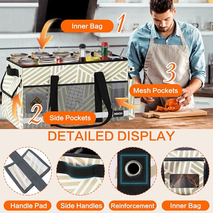 Extra Large Utility Tote Bag with Reflective Strip, Standing Reusable Grocery Bags with Hard Bottom, Collapsible Utility Tote with Handles for Shopping, Beach, Picnics, Car, Striped Gray - Image 6