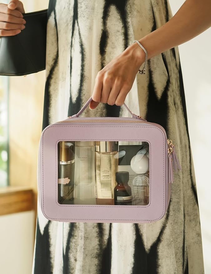 Clear Toiletry Bag 2 Pack, Travel Makeup Bag Medium & Large Purple | Structured Clear Cosmetic Case with Zipper, Car Essential Organizer Bag for Women, Waterproof PU Leather, Wide Open Portable - Image 7