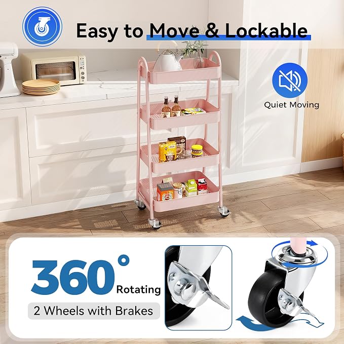 OLIXIS Metal 4 Tiers Rolling Storage Utility Cart with Lockable Wheels | Mobile Organizer Shelf, Space-Saving, Freestanding, Bathroom, Living Room, Slim, Narrow Corner Spaces, Pink - Image 3