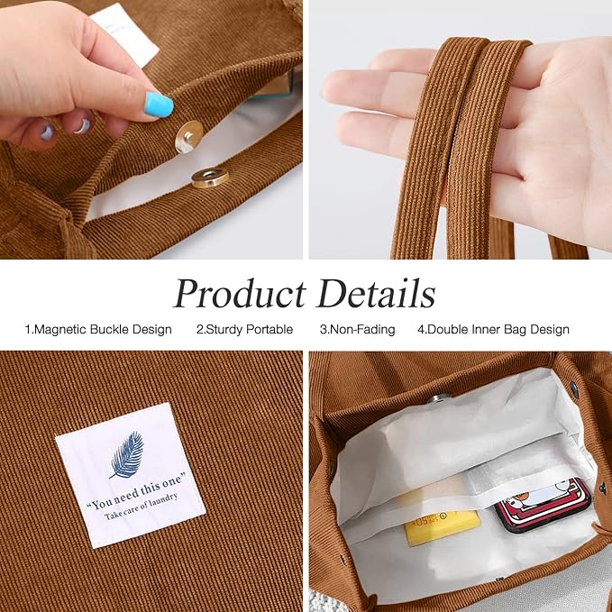 LHMTQVK Corduroy Tote Bags for Women, Large Capacity Tote Purse Reusable Grocery Shoulder Bag with Inner Pockets - Image 5