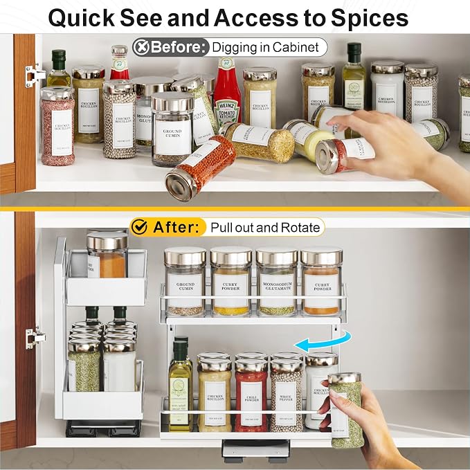 Vertical Spice Rack Pull Out - 1 Pack Spice Organizer for Cabinet | For Flat-Front Cabinets Only, Pull-Out Rotating Access, No-Drill Mount, Keeps Spices Visible Easy to Reach, Adjustable Height - Image 3