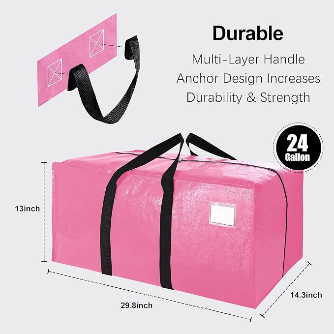 VELVETSURE 12 Pack Heavy Duty Large Moving Bags W/Backpack Straps - Strong Handles & Zippers, Storage Totes For Space Saving, Fold Flat, Alternative to Moving Box and Storage Bin, Pink - Image 2