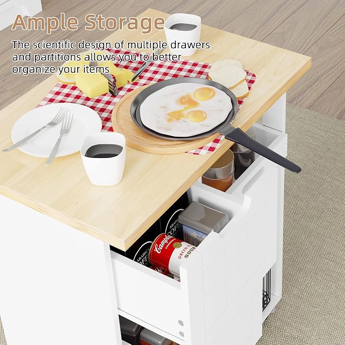 Shintenchi Kitchen Island Cart with Storage,Rolling Kitchen Island Storage Cabinet,Side Table on Wheels with Worktop,3 Open Shelves and 3 Drawers for Kitchen,Dinning Room, White - Image 2
