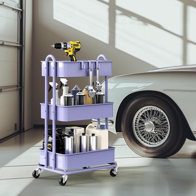 Simple Houseware 3-Tier Heavy Duty Metal Utility Rolling Cart, Purple - Image 4