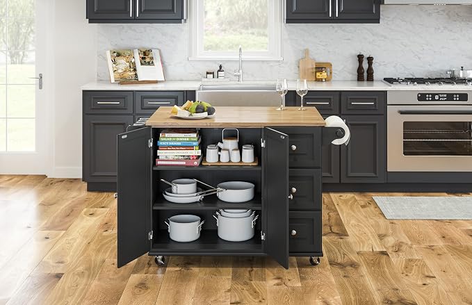 Homestyles Dolly Madison Black Mobile Kitchen Island Cart with Wood Drop Leaf Breakfast Bar - Image 7