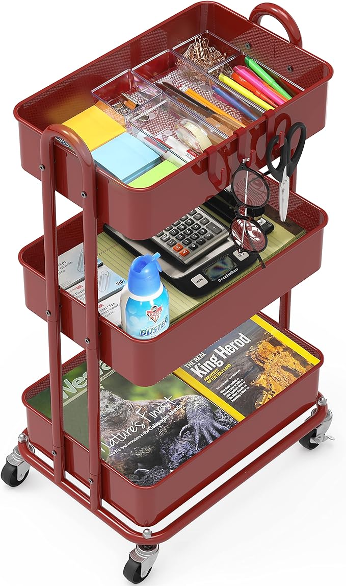 Simple Houseware 3-Tier Heavy Duty Metal Utility Rolling Cart, Red - Image 3
