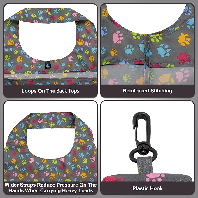 HOLYLUCK Reusable Grocery Bags,Heavy Duty Foldable Shopping Tote Bag (Standard, Multi Dog Paw Prints) - Image 3