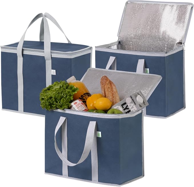 VENO 3 Pack Cooler Bag Insulated Grocery Bags for Food Delivery Heavy Duty | Large Collapsible Cooler, Reusable Shopping Tote w/ Zippers, Foldable, Stands Upright, for Picnic Camping (Dark Blue, 3 Pack) by Veno