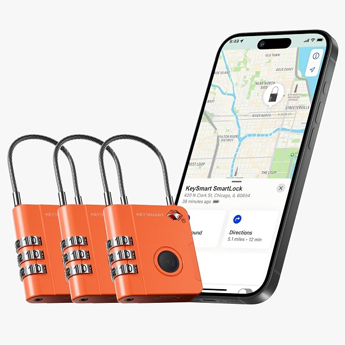 KeySmart SmartLock Tracking Luggage Locks, TSA Locks for Luggage, Combination Lock Compatible with Apple Find My App, Best Travel Essentials, Replaceable Non-Rechargeable Battery (Orange 3 Pack) by KeySmart