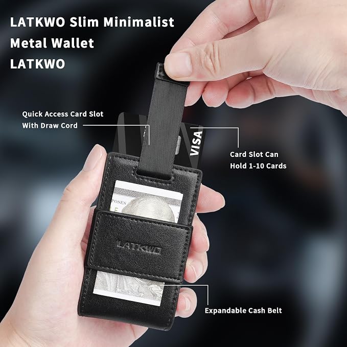 Wallet for Men Slim Pull Tab Metal RFID Blocking Credit Card Holder with ID Window & Cash Strap - Compact Front Pocket Design Holds 1-10 Cards (3.62x2.36x0.47in) (Black) - Image 2