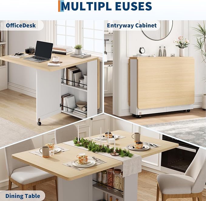 Garvee Folding Dining Table with Storage, Folding Kitchen Table with 6 Wheels, Drawer & Shelves, Compact Dining Table for Small Spaces - Image 4