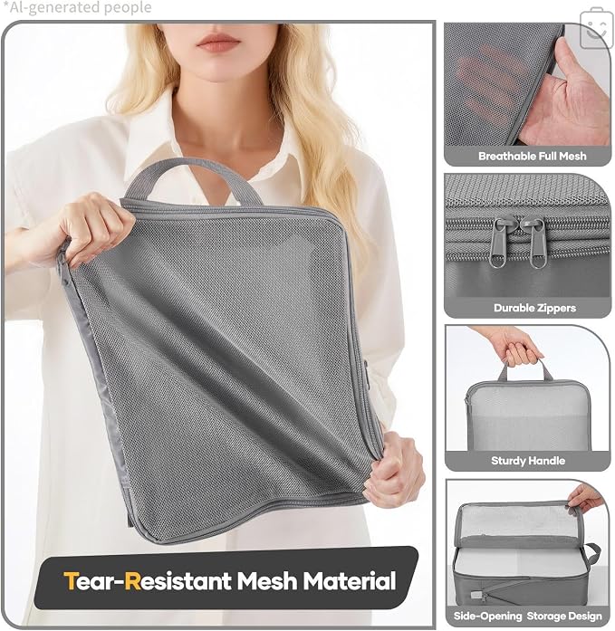 Veken 6/9/11 Set Compression Packing Cubes Garment Bags for Travel Essentials,Compressible Expandable Luggage Organizer Bags for Clothing,Space Saver Bags with Over 1000 pcs of Mesh Holes(Gray) - Image 5