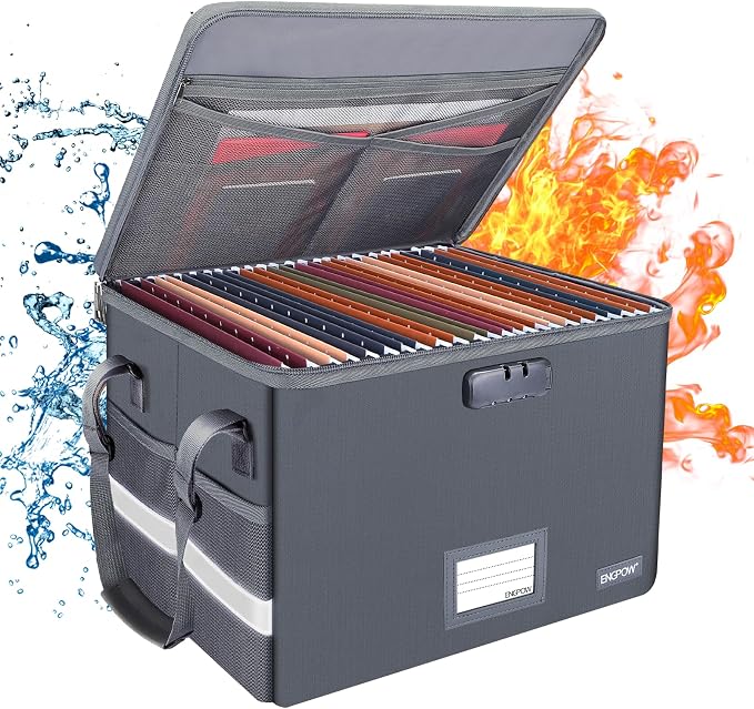 ENGPOW File Box with Lock, Fireproof Document Box with Zipper Lid, Collapsible File Organizer Storage Filing Cabinet with Handle, Portable Home Office Safe for Hanging Letter/Legal Folders, Grey by ENGPOW
