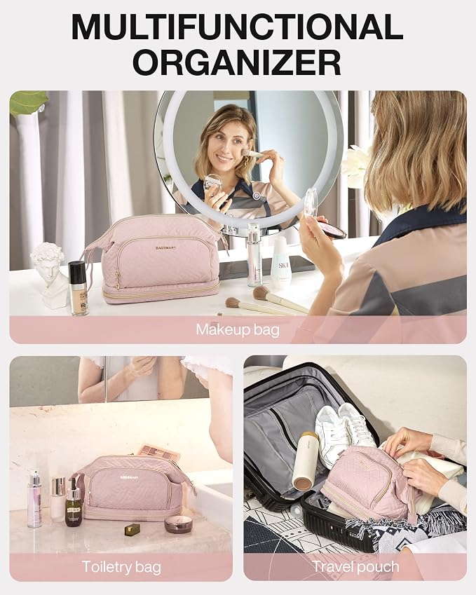 BAGSMART Travel Makeup Bag, Cosmetic Bag Make Up Organizer Case, Dorm Room Essentials Large Wide-open Pouch Women Travel Essentials Double Layers Purse for Toiletries Accessories Brushes Pink - Image 4