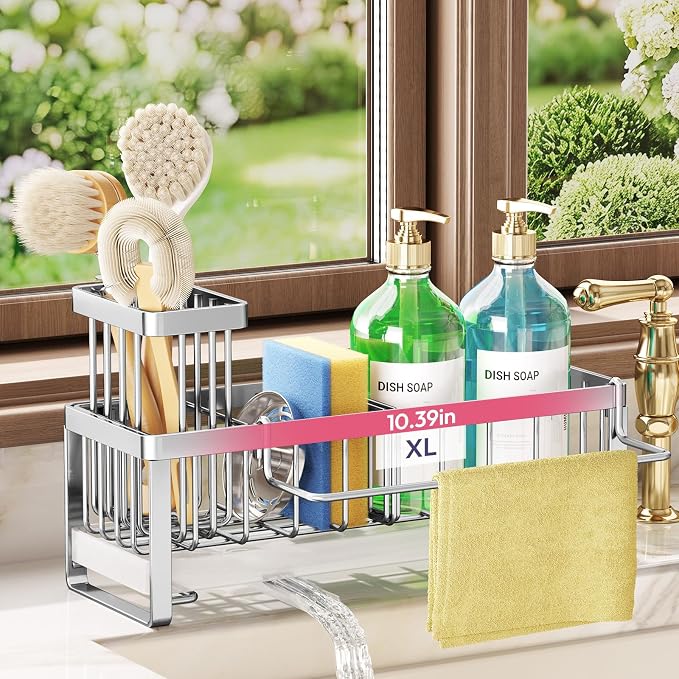 SWTYMIKI Sponge Holder for Kitchen Sink - Sink Caddy with Brush Holder Self-draining Sponge Caddy Organizer with Divider Stainless Steel Kitchen Accessories Storage for Countertop, Silver - Large by SwtyMiki-TidyHomeSweetLife