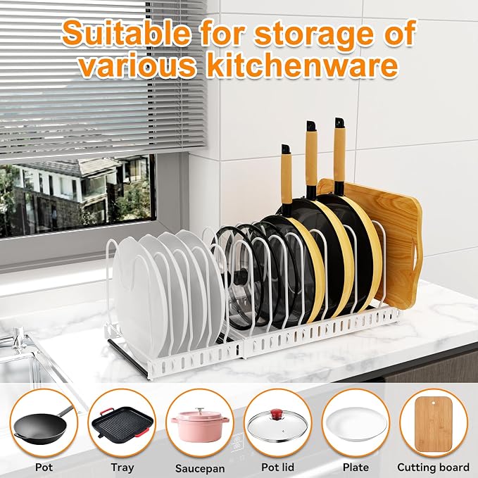 Pot and Pan Organizer Rack for Cabinet, 3 Expandable Pot Lid Organizer Holder with 12 Adjustable Compartment for Kitchen Cutting Board, Pan Lid, Bakeware, White - Image 6