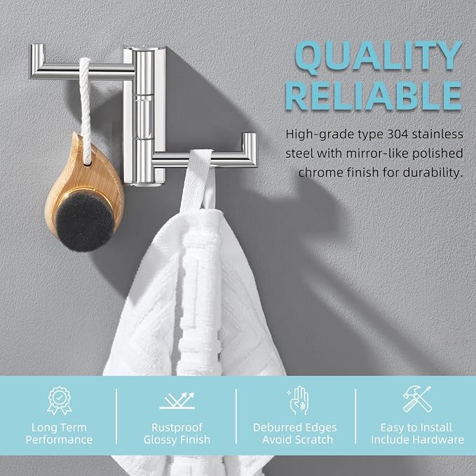 Angle Simple Swivel Towel Hook 3 Arms, Robe Coat Wall Hook, Polished Chrome | Rustproof SUS304 Stainless Steel Hand Towel Holder, Foldable Space Saver for Bathroom Kitchen Closet Entryway, Screws Mounted - Image 5
