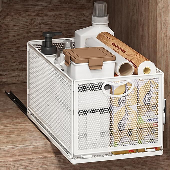 Pull Out Cabinet Organizer, No Drill Adhesive Sliding Drawers for Kitchen, Metal Mesh Wire Storage Shelf for Pantry & Under Sink, White (9.6" W x 15.7" D x 8.4" H) by AmzAgeHomeKitchen