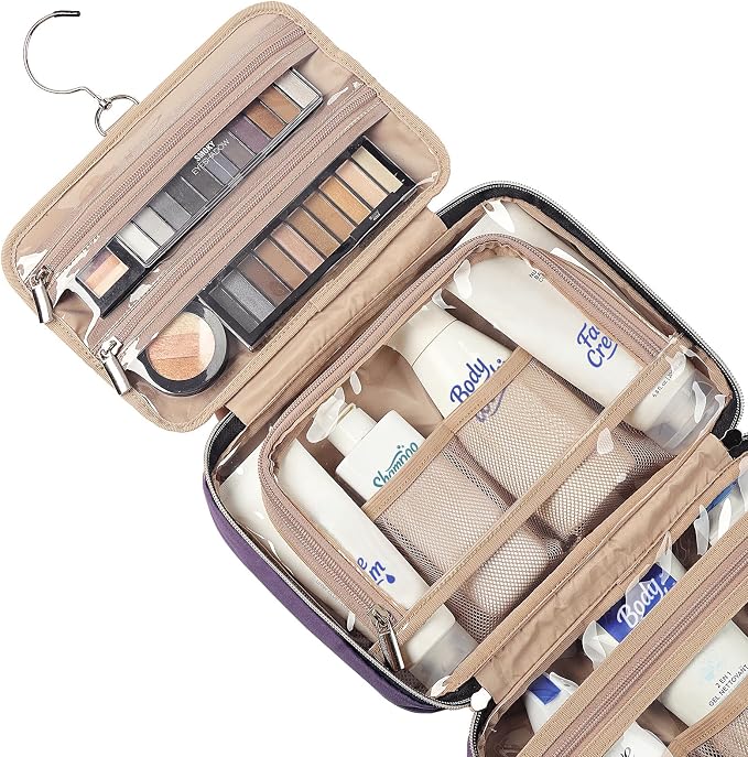NISHEL Travel Toiletry Bag for women, Portable Hanging makeup Organizer | for Travel-Sized Shampoo, Conditioner, Brushes Set, makeup Accessories, Medium Size, Purple - Image 4
