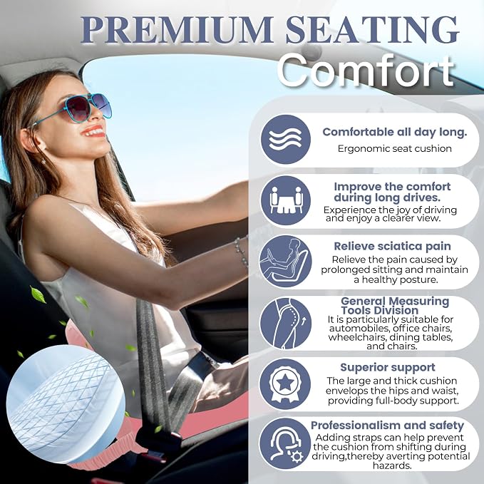 Memory Foam Seat Cushion for Sciatica & Back Pain Relief - Ergonomic Chair Pad with Adjustable Strap & Supportive Comfort Cover, Non-Slip for Car, Truck, Office Chair - Pink - Image 6