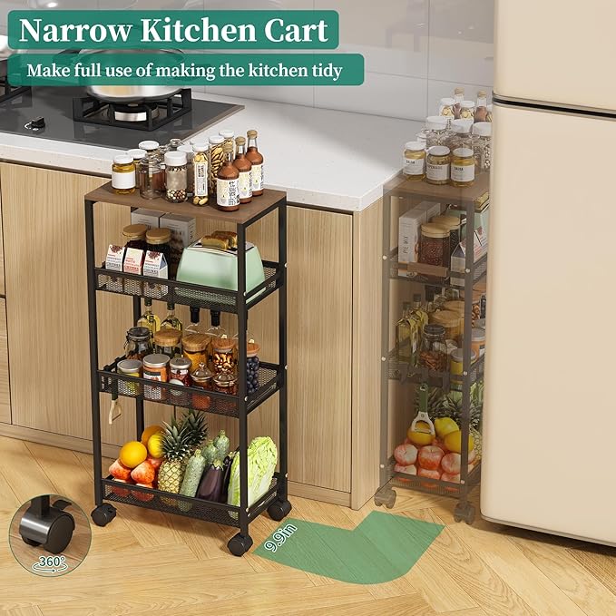 4-Tier Slim Utility Rolling Laundry Cart with Wheels, Easy to Assemble | 9.1" Wide for Narrow Spaces, Wood Top with Metal Frame, Mobile Storage Shelves for Bathroom, Kitchen, Office - Image 5