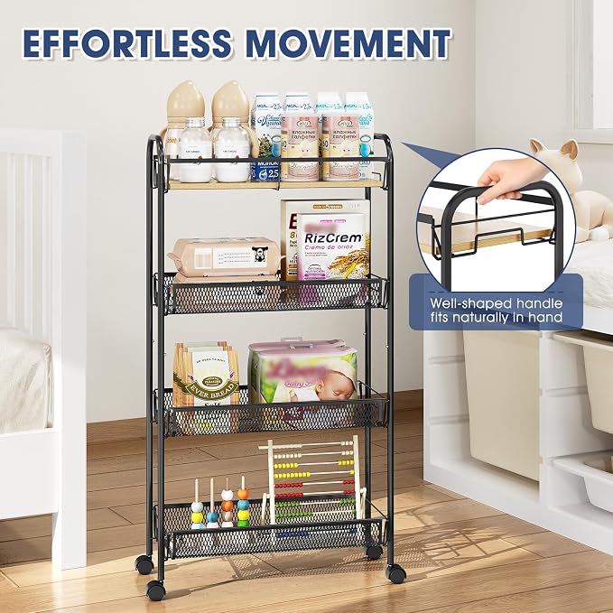 TOOLF 4-Tier Rolling Cart, Metal Utility Cart, Slide Out Storage Cart with Wooden Tabletop and Mesh Baskets, Easy Assemble Trolley for Kitchen Bathroom Laundry Room Bedroom Apartments Dormitory - Image 3
