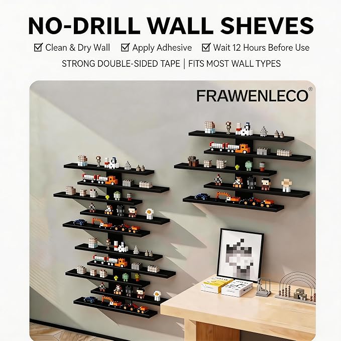 No Drill Floating Shelf for Wall, 5-Tier Wall Mounted Organizer, Damage-Free Display Shelf for Collectibles, Figures, Bathroom Kitchen Storage, Black - Image 4