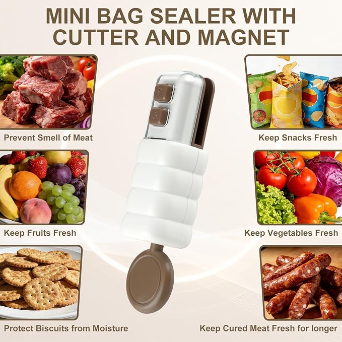 4 in 1 Mini Bag Sealer, Upgraded Mini Bag Sealer with Cutter and Magnet, USB C Rechargeable Chip Bag Sealer for Plastic Snack Bags, Bag Sealer Handheld for Food & Kitchen Storage (White) - Image 7