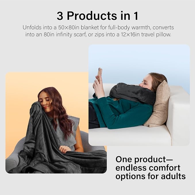 NAPRO 3‑in‑1 Travel Blanket Pillow Scarf – Convertible 50×80″ Blanket, 12×16″ Pillow, 80″ Infinity Neck Pillow – Lightweight, Plush – Black - Image 3